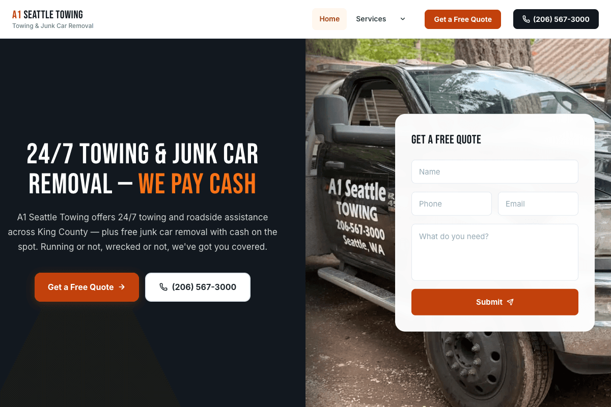 A1 Seattle Towing – towing and roadside assistance website built by Website Builders America